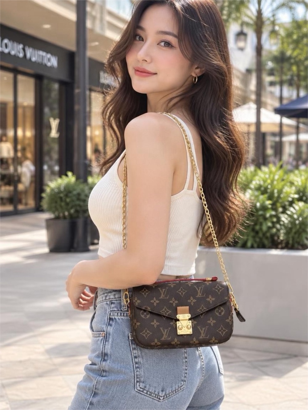 Faux Leather Designer Brown Monogram Crossbody Bag - Chain Strap